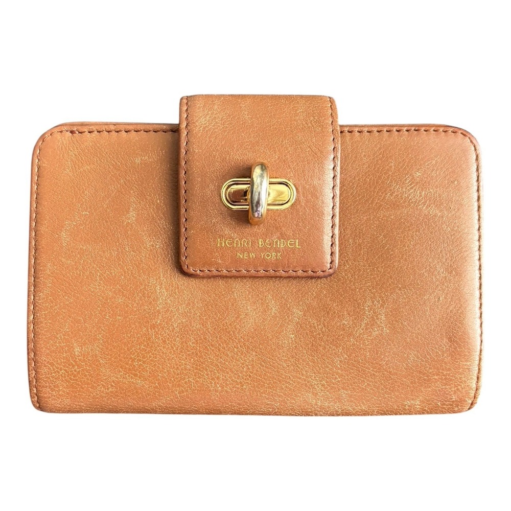 Henri Bendel Leather Wallet Brown Bifold Turn Lock Zip Side Two‎ Compartment